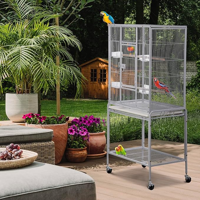 53 Inch Height Wrought Iron Standing Parrot Large Flight Bird Cage with Rolling Stand Birdcages for Parakeet Cockatiel Conure Lovebird Finch, White