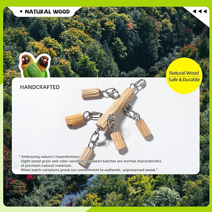Natural Hardwood Parrot Chew Toy for Large Birds, Heavy Duty Wooden Bird Toy with Stainless Steel Hardware, Cage Hanging Enrichment Toy for Macaws, Cockatoos, African Greys