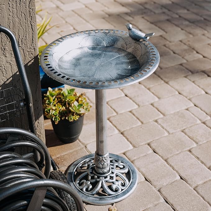 Backyard Expressions Outdoor Garden Bird Bath with Bird - Silver - Weather Resistant Polyresin - 30 Inch