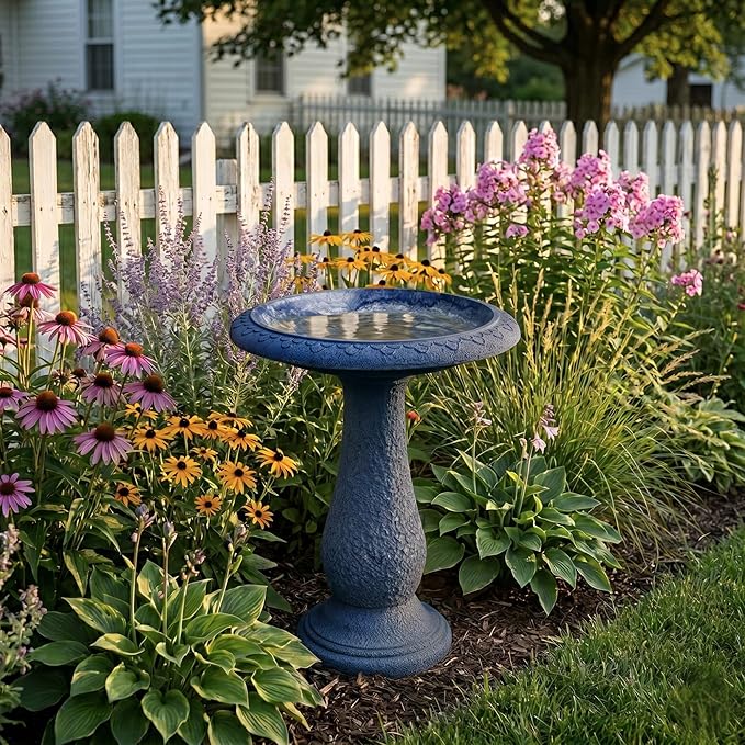 Pedestal Bird Bath Bowl 23 Inch Sea Blue - Stone-Resin Composite Bird Baths for Outdoors - Decorative Standing Outdoor Garden Decor for Front Porch Patio Yard Backyard Lawn Ornament