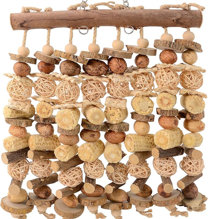 Macaw Toy, Parrot Toys for Large Birds, 14.5 Inch Extra Large Bird Chewing Toy Wall with Natural Wood, Corn Cobs and Rattan Balls, Hanging Foraging Cage Accessories for African Grey, Cockatoos