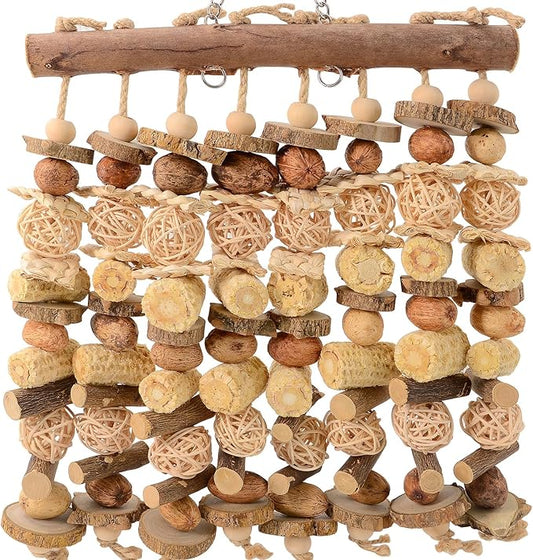 Macaw Toy, Parrot Toys for Large Birds, 14.5 Inch Extra Large Bird Chewing Toy Wall with Natural Wood, Corn Cobs and Rattan Balls, Hanging Foraging Cage Accessories for African Grey, Cockatoos