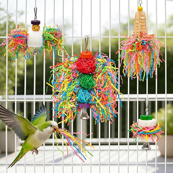 4PCS Bird Parrot Foraging Toys Parakeet Chewing Hanging Toy Shredder Paper Cage Accessories for Small Parrots Parakeets Conures Cockatiels Love Birds Cage Toy (4Pack)