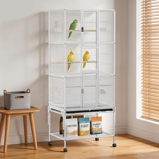 69 inches Bird Cage with Dust Cover, Birdcages with Rolling Wheels, Large Bird Cages for Cockatiels Quaker Conure Parakeet Lovebird Finch Canary Small Medium Parrot Cage Birdcage, White
