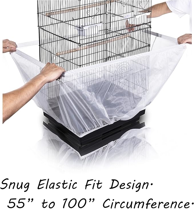 Tamu style Bird Cage Seed Catcher, Large, Stretchy Form Fitting Mesh Skirt Cover for Parrot Enclosures, Light and Breathable Fabric, Prevent Scatter and Mess, Reusable, Adjustable, Lightweight, White