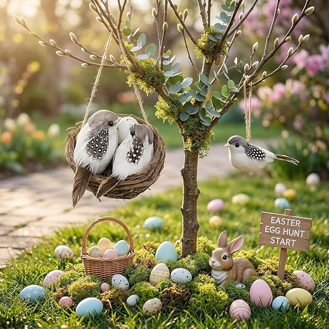 KESYOO Artificial Bird Nest with Egg and Birds Handmade Rattan Easter Decorations for Home Garden Party Lifelike Spring Crafts Ornaments for Tree, Table Centerpiece (Sturdy & Realistic)