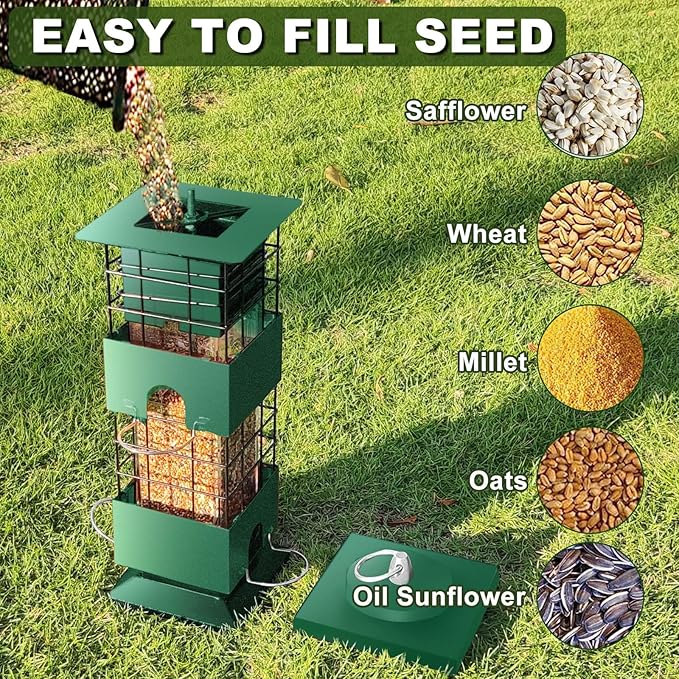 Squirrel Proof Bird Feeder, 3Lb Capacity Metal Bird Feeders for Outdoors Hanging, All-Weather Weight Activated Tube Birdfeeder with 4 Ports for Outside, Cardinal Finch Bluebird (Green)