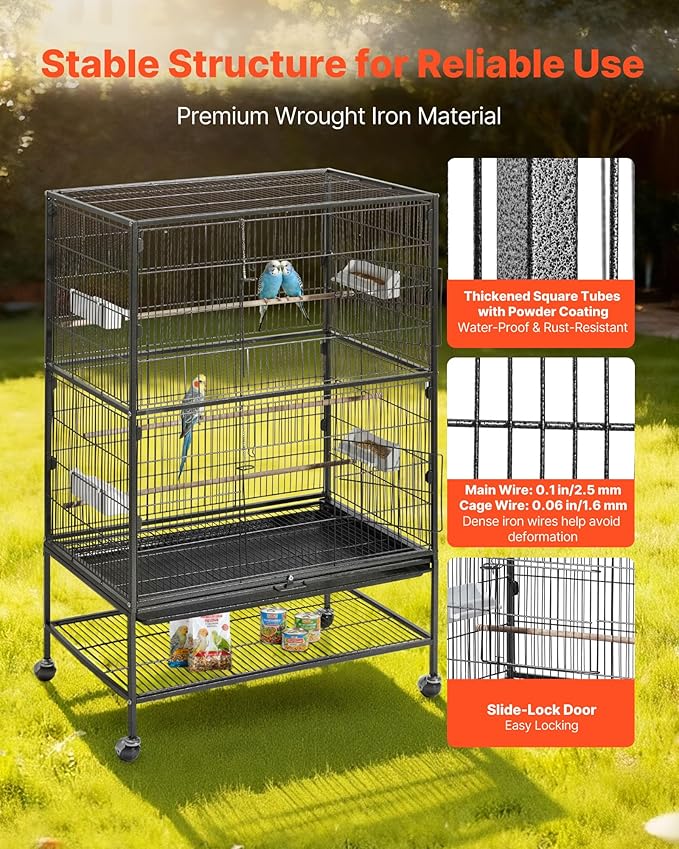 VEVOR Bird Cage, 31.5 x 20.5 x 52 inch, Flat Top, Wrought Iron Bird Flight Cage with Perches, Slide-Out Tray and Plastic Feeders, Casters, for Parrot, Blue Tit, Cockatiel, Canary, and Monk Parakeet