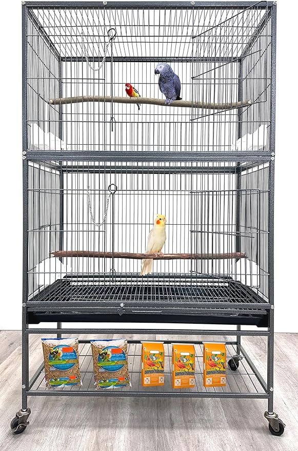 Extra Large Durable Wrought Iron Metal Bird Flight Parrot Breeder Home Cage with Double Large Front Doors 4 Side Pull Up Doors Rolling Stand Storage Shelf Lockable Wheels