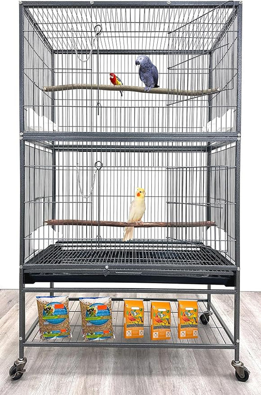 Extra Large Durable Wrought Iron Metal Bird Flight Parrot Breeder Home Cage with Double Large Front Doors 4 Side Pull Up Doors Rolling Stand Storage Shelf Lockable Wheels