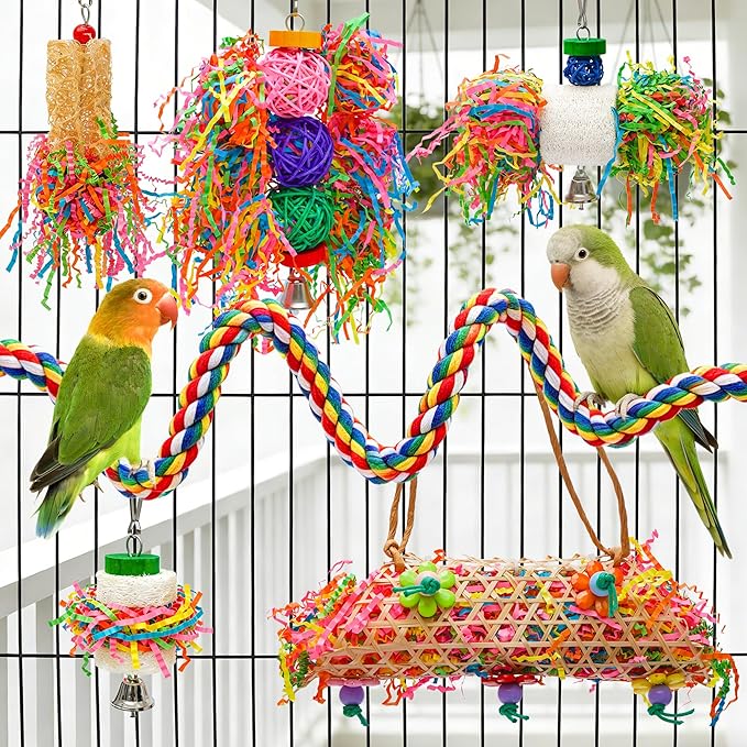 6PCS Bird Parrot Foraging Toys with Rope Perch Parakeet Chewing Hanging Toy Shredder Paper Cage Accessories for Small Parrots Parakeets Conures Cockatiels Love Birds Cage Toy