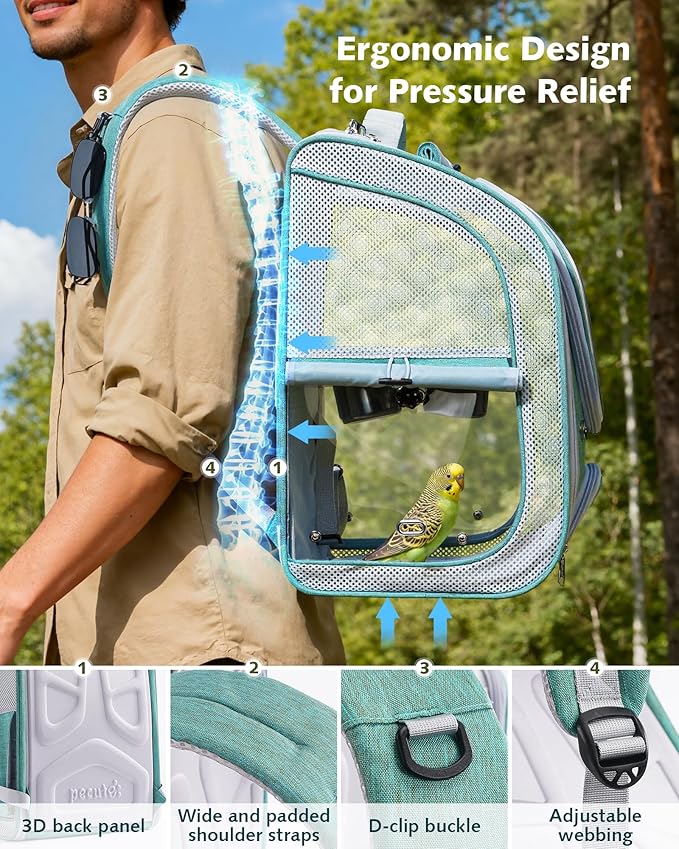 Pecute Bird Backpack Carrier for Small Birds,Cockatiel,Parrot,Bird Carrier with Standing Perch,Comfy Mat&Transparent Window, Breathable Bird Backpack for Vet Visit,Shopping and Outdoor Adventure,Blue