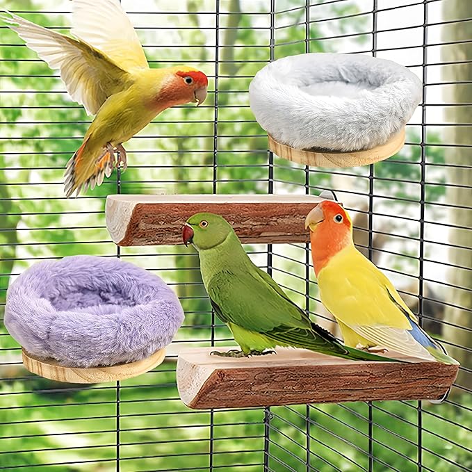 2Pcs Bird Perch Stand Platform Plush Parrot Hanging Hammock Warm Bird Nest Snuggle Hut Birds Sleeping Bed Wood Perch for Parrot, Budgies, Parakeet, Cockatiels, Conure, Lovebirds-Purple&Grey
