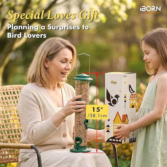 iBorn Metal Bird Feeders 6 Ports Hanging Wild Bird Seed Feeder for Mix Seed Blends, Seed Feeder, Sunflower Heart, Birdbath, Heavy Duty All Metal Green Finishing 15 Inch 6Port,Gift Box