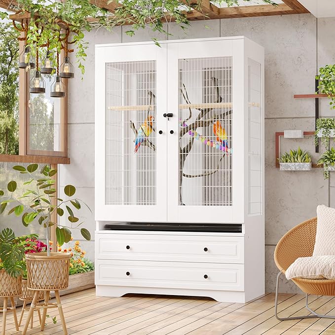 Large Bird Parakeet Parrot Cockatiel Cage, Tall Big Bird Flight Cages with 2 Drawers, a Removable Tray, Metal Grid Doors and a Robust Lock for Finch, Conure, Budgie, Macaw, Canary, White