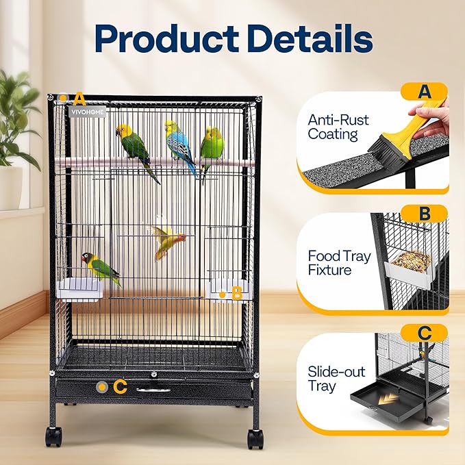 VIVOHOME 30 Inch Height Wrought Iron Bird Cage with Rolling Stand for Conures Lovebirds Cockatiels Finches, Black
