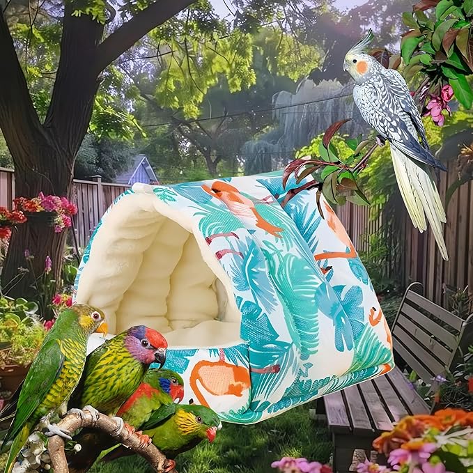 Bird Nest Plush Snuggle Hanging Hammock Bird Cave Parrot Sleeping Bed Shed Hut Hanging Tent for Hamster Parrot Macaw Budgies Parakeet Cockatiels Lovebird-Flamingo (White)