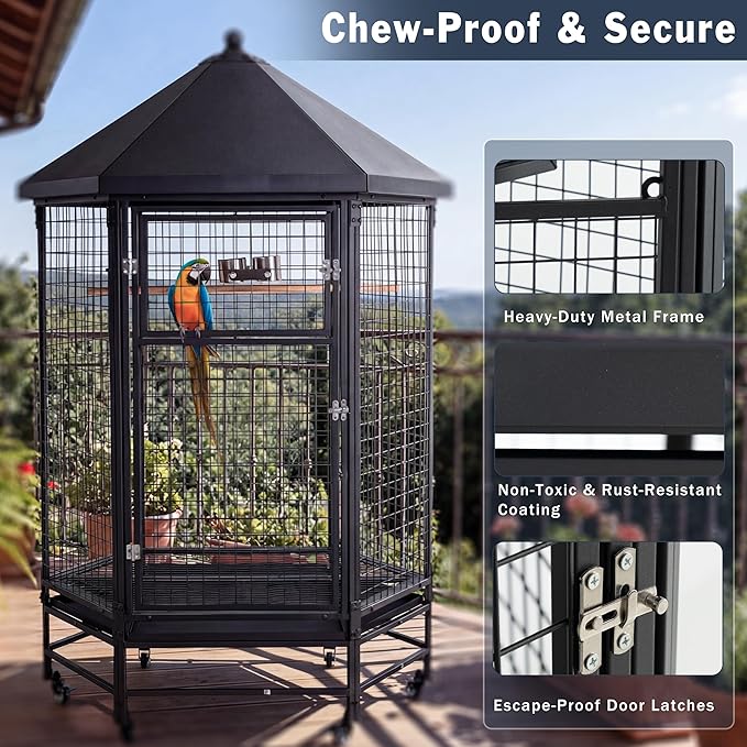 69" Extra Large Bird Cage for Parrots, Heavy Duty Metal Aviary on Wheels with Rolling Stand & Slide-Out Trays for African Greys, Cockatoos, Conures, Macaws, Indoor Outdoor, Black