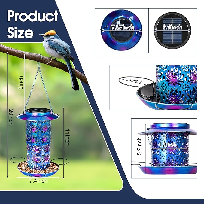 Ottsuls Solar Bird Feeder for Outdoors Hanging, Metal Wild Cardinals Garden Lantern Weatherproof, Decro Solar Birdfeeders as Gift Idea for Women Mom Grandma Bird Lovers (Update Version Blue)