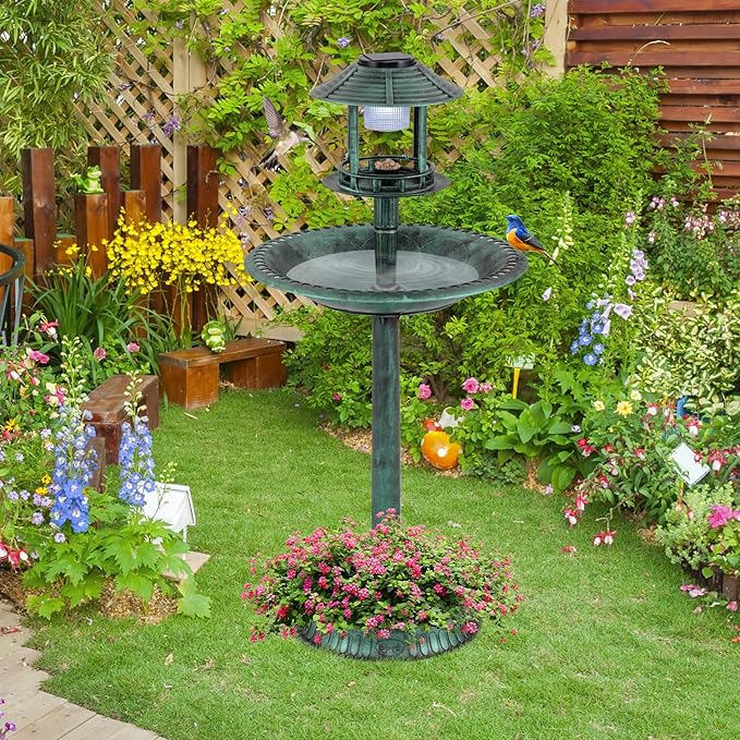 Giantex 42 inch Bird Bath Solar Lighted, Pedestal Bird Bath with Bird Feeder, Flower Planter Base, Solar Powered Lamp, 3 Ground Stakes, Standing Birdbath for Outside Garden Yard Outdoor (Green)