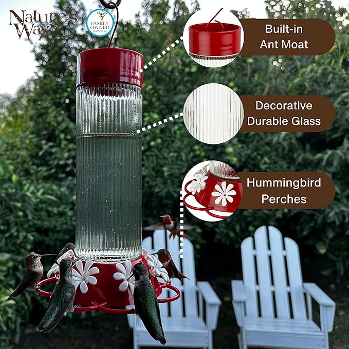 Nature's Way Hanging Glass Hummingbird Feeder for Outdoor Décor, 28 Ounce Capacity Nectar Feeder, Ant Moat, 7 Easy to Clean Flexible Ports, Red