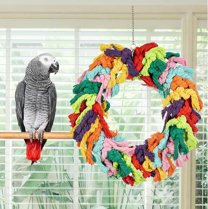 Parrot Swing for Large Birds - Colorful Cotton Rope Hanging Ring Toy for African Grey, Cockatoo, Conure, and Parakeet | Chewing, Exercise, Climbing, and Snuggling (Parrot Swing)