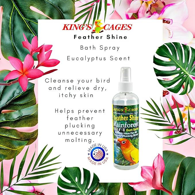 King's Cages Feather Shine Bath Spray 8 oz. Eucalyptus Scent Alcohol Free Feather Conditioner and Skin Care Mist for Small to Large Bird Grooming and Plumage Maintenance (Pack of 2)