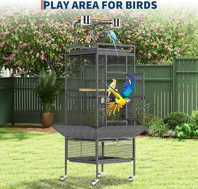 61Inch Bird Cage with Play Top, Extra Large Bird Cage with Wood Perches, Feeder for Parakeets, Canaries, Lovebirds, Small Quaker, Cockatiels, Budgie (60" h)