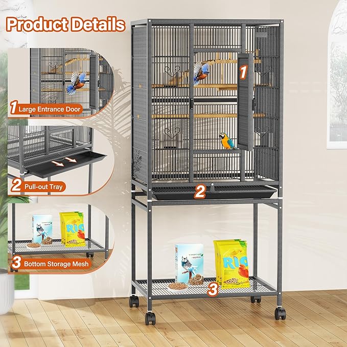 54" Large Bird Cage with Wheels, Durable Wrought Iron Parakeet Cage with Slide Out Tray, Black Bird Cages with Feeding Cups, Wooden Platform, Swing & Perches, for Lovebird, Cockatiels, Budgies