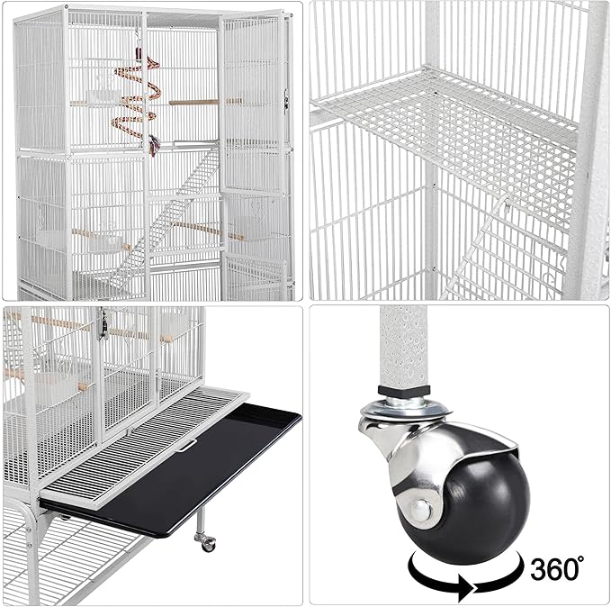 Topeakmart Extra Large Rolling Metal Small Animal Cage for Sugar Gliders Rats & Squirrels, Mobile Large Cage with Detachable Stand, White