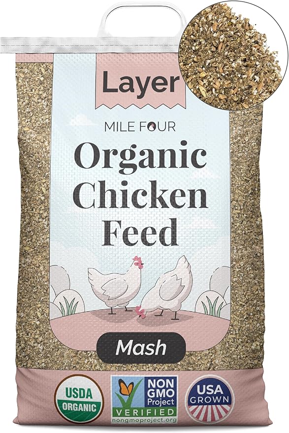 Mile Four Organic Chicken Feed (46 lbs) Layer Mash, Non-GMO, USA Grown, 16% Protein, Corn-Free, Soy-Free, Non-Medicated Feed for Chickens