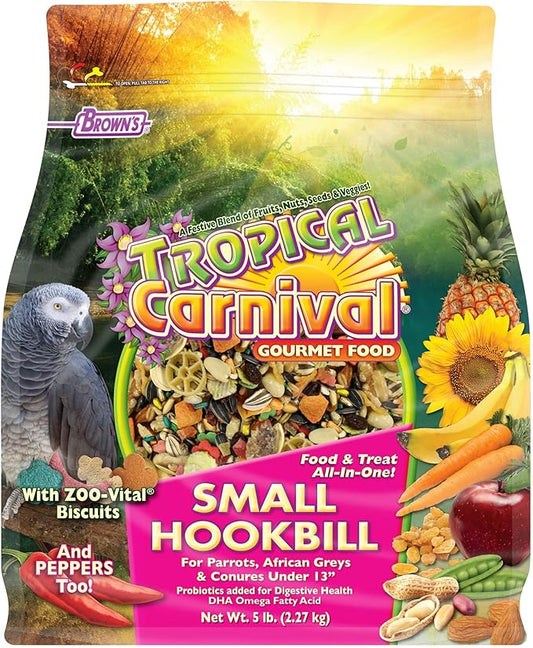F.M. Brown's Tropical Carnival Gourmet Bird Food for Parrots, African Greys, and Conures Under 13", Probiotics for Digestive Health, Vitamin-Nutrient Fortified Daily Diet - 5 lb.