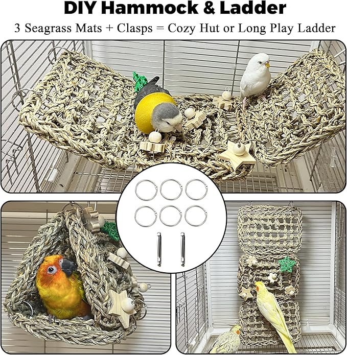 Seagrass Handwoven Bird Bed for Cage, DIY Parakeet Nest & Climbing Ladder, Breathable Bird Hammock Tent with Chewable Toys, Cozy Parrot Sleeping Hut for Small Medium Birds Like budgies Lovebirds