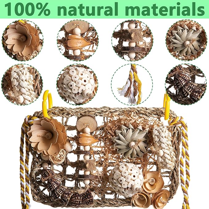 Bird Foraging Wall Toy, Seagrass Woven Climbing Hammock Mat with Chewing Toys,Parrot Shredding Hanging Toys for Cockatiel Lovebird Parakeet Budgie Small-Medium Birds (Large)