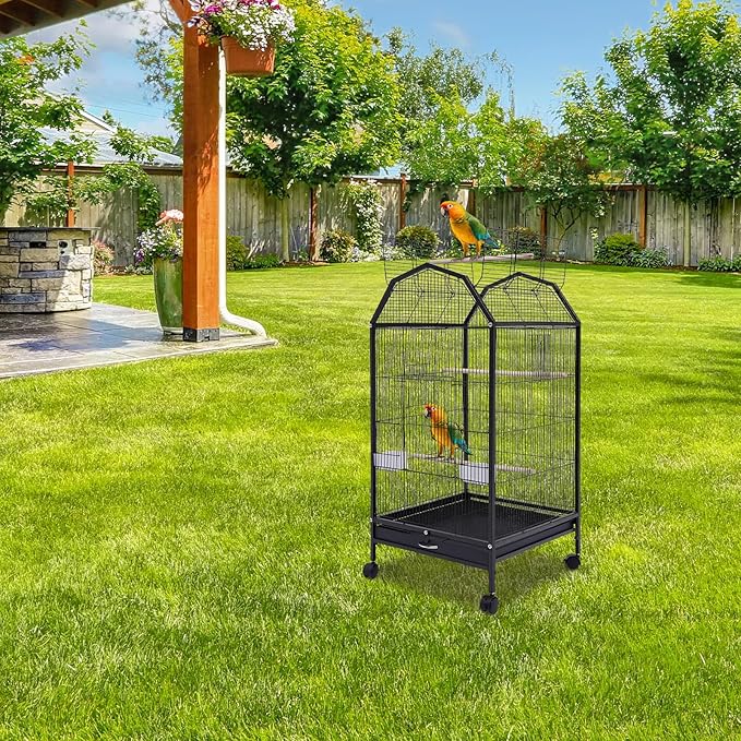 Extra Large Bird Cage 54Inch Wrought Iron Bird Cage with Rolling Stand Metal Parrot Cage with Open Play Top Perch Stand for Conures Lovebirds Cockatiels Finches (Black 3)