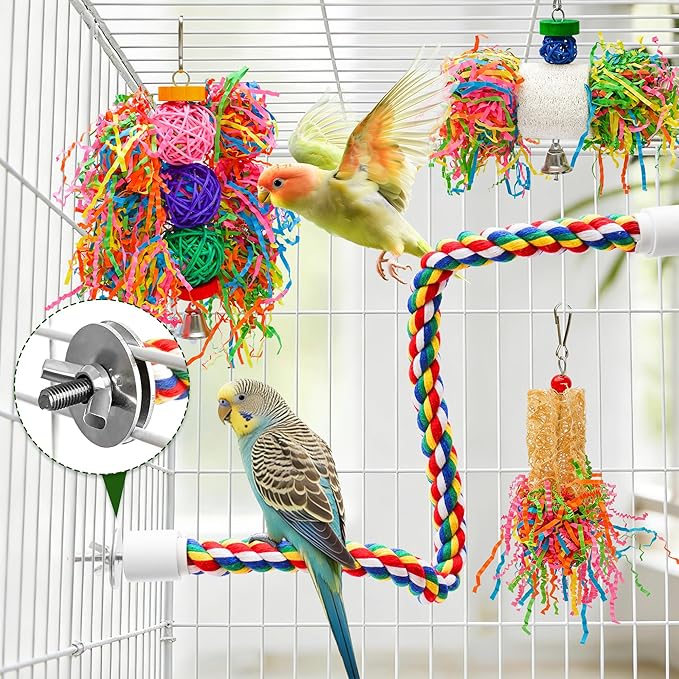 6PCS Bird Parrot Foraging Toys with Rope Perch Parakeet Chewing Hanging Toy Shredder Paper Cage Accessories for Small Parrots Parakeets Conures Cockatiels Love Birds Cage Toy