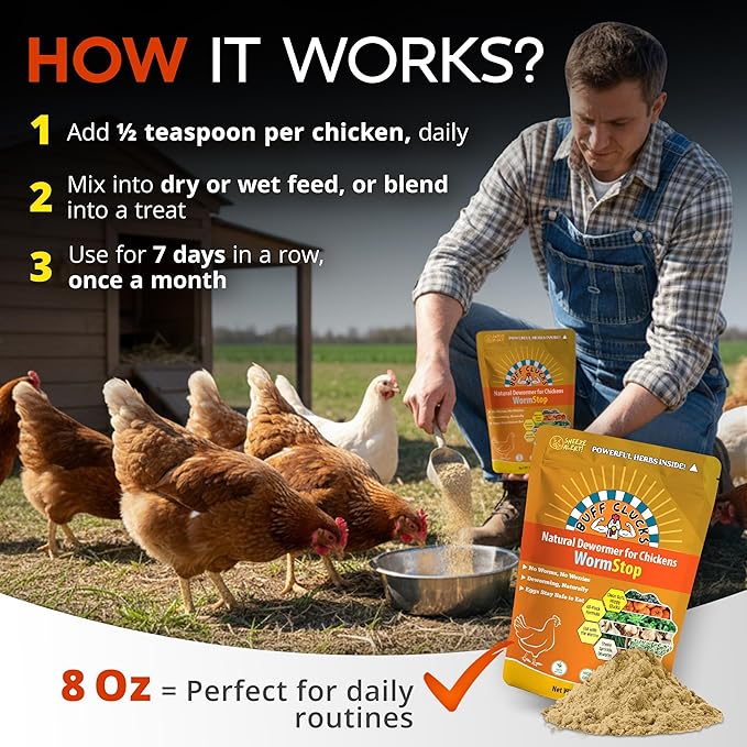 Buff Clucks WormStop Natural Chicken Dewormer Powder – All-Natural Herbal Blend for Daily Wellness - Chicken Wormer is Safe for Eggs & All Ages - Garlic, Pumpkin Seed, Wormwood - USA (8 oz)