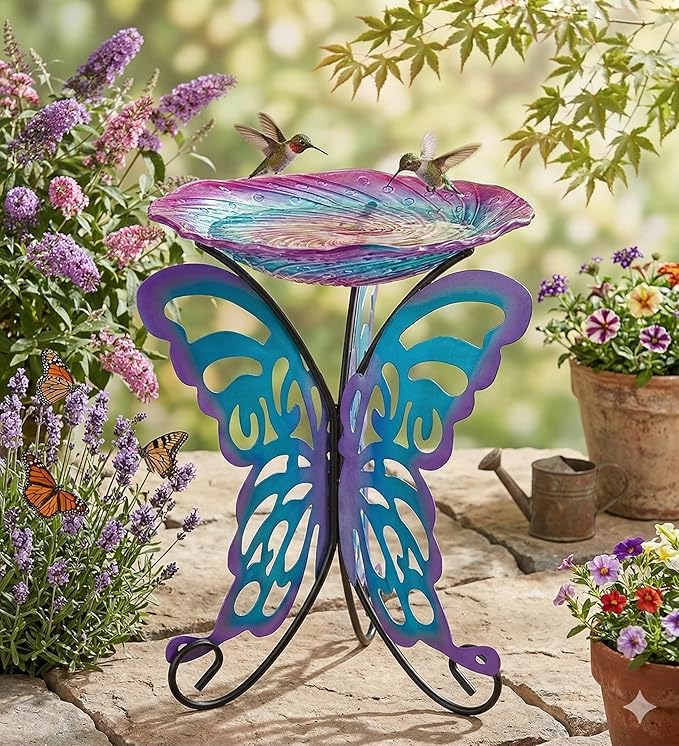Regal Art & Gift 25" Bird Bath with Decorative Stand - Durable Glass Bowl with Heavy-Duty Metal Stand, Easy to Fill, Ideal for Patio, Porch & Garden Décor - Butterfly
