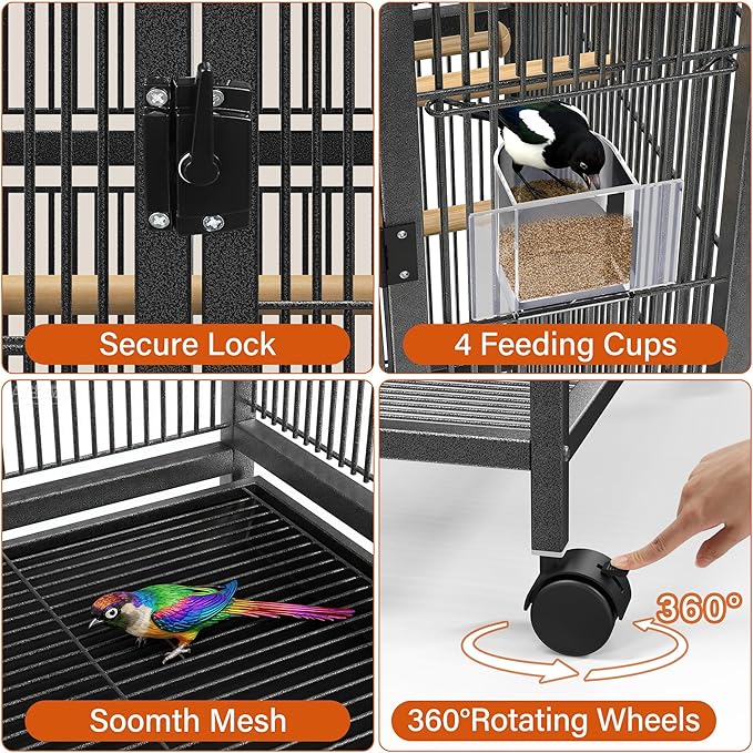 54" Large Bird Cage with Wheels, Durable Wrought Iron Parakeet Cage with Slide Out Tray, Black Bird Cages with Feeding Cups, Wooden Platform, Swing & Perches, for Lovebird, Cockatiels, Budgies
