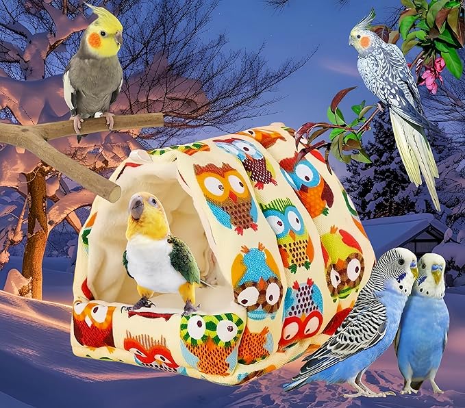 Bird Nest Plush Snuggle Hanging Hammock Bird Cave Parrot Sleeping Bed Shed Hut Hanging Tent for Hamster Parrot Macaw Budgies Parakeet Cockatiels Lovebird-Owl