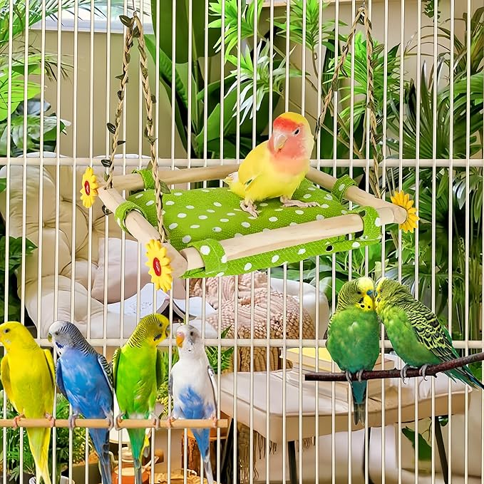 Bird Nest for Cage Parakeets Sleeping Bed Hanging Bird Hammock Parrot Bed Nest Wooden Perch Stand Swing for Conure, Budgie, Lovebird, Finch, Small Pets-Rectangle