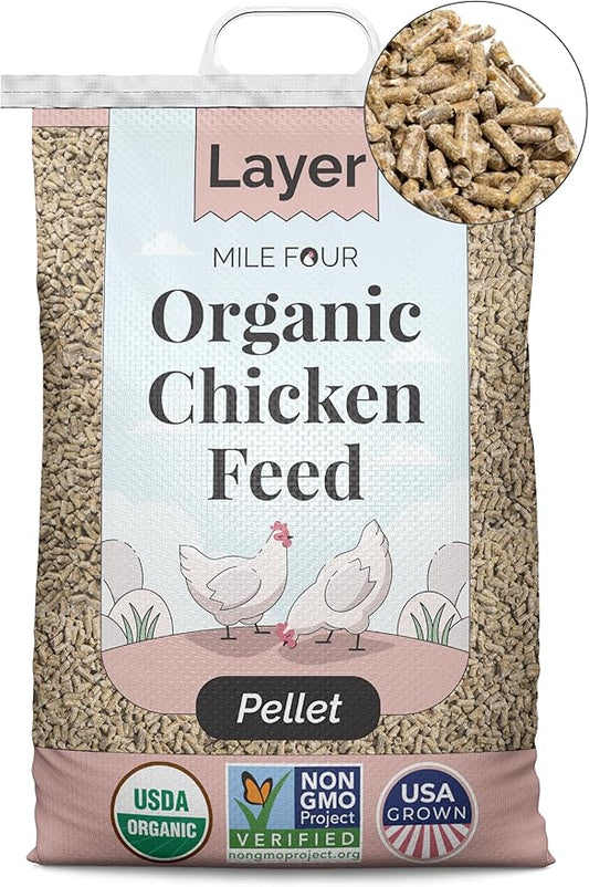 Mile Four Organic Chicken Feed (46 lbs) Layer Pellet, Non-GMO, USA Grown, 16% Protein, Corn-Free, Soy-Free, Non-Medicated Feed for Chickens