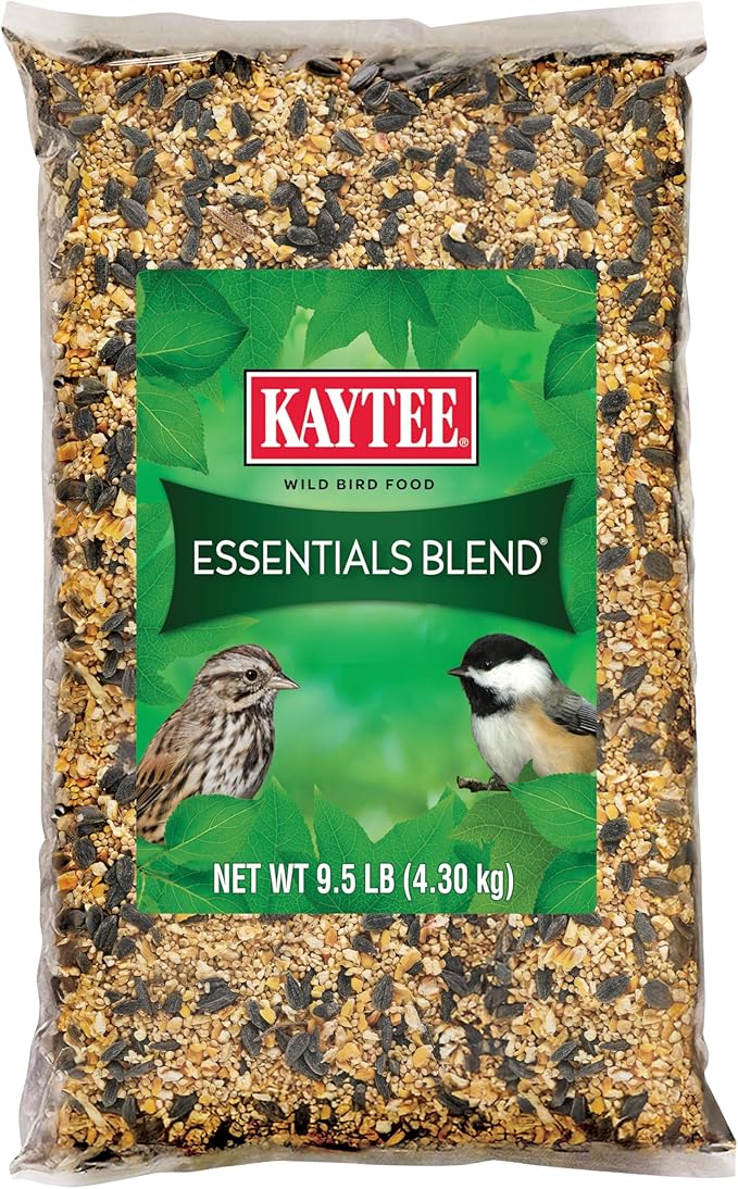 Kaytee Essentials Blend with Black Oil Sunflower, Cracked Corn and Millet, Wild Bird Food Seed for Cardinals, Jays, Finches, Chickadees, Nuthatches, Woodpeckers, Grosbeaks, Juncos, 9.5 Pounds