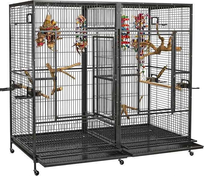 A&E Cage Co 8040FL Double Macaw Cage 80"x40"x74" Extra Large Parrot Cage with Divider, Swing-Out Feeder Doors, Stainless Steel Bowls & Perches, Heavy Duty for Macaws Cockatoos