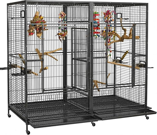 A&E Cage Co 8040FL Double Macaw Cage 80"x40"x74" Extra Large Parrot Cage with Divider, Swing-Out Feeder Doors, Stainless Steel Bowls & Perches, Heavy Duty for Macaws Cockatoos
