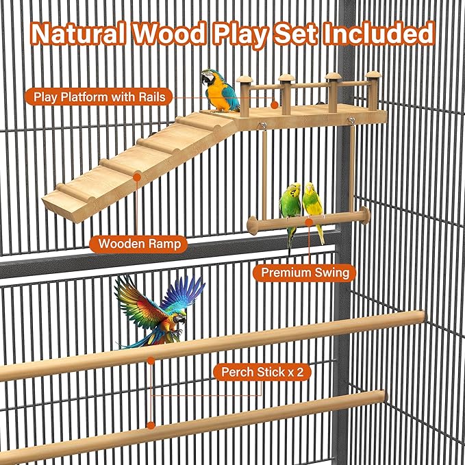 54" Large Bird Cage with Wheels, Durable Wrought Iron Parakeet Cage with Slide Out Tray, Black Bird Cages with Feeding Cups, Wooden Platform, Swing & Perches, for Lovebird, Cockatiels, Budgies