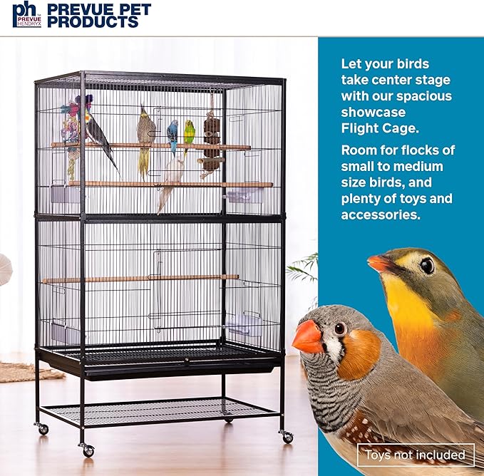 Prevue Pet Products Steel Bird Flight Cage with Wheels - Large Birdcage for Parakeets, Canaries, Finches, Cockatiels, Lovebirds, & Green Cheek, Metal Standing Birdcage - Black, Large