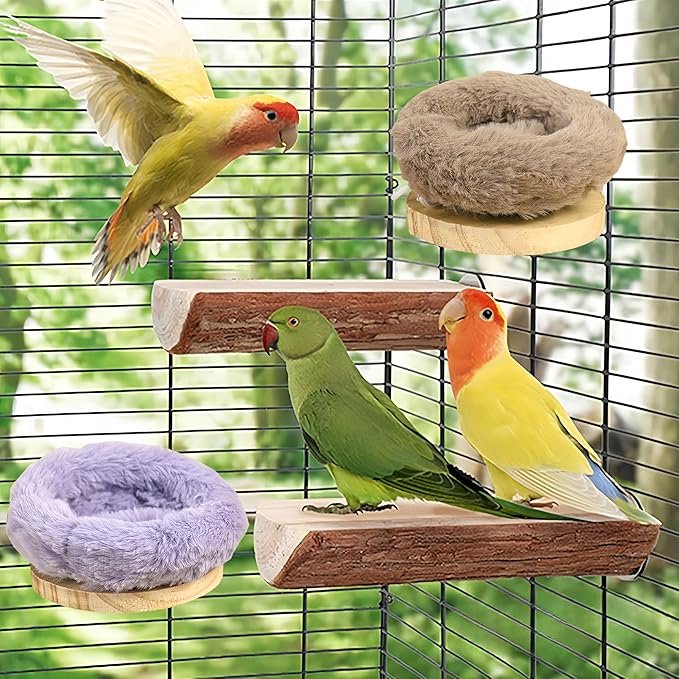2Pcs Bird Perch Stand Platform Plush Parrot Hanging Hammock Warm Bird Nest Snuggle Hut Birds Sleeping Bed Wood Perch for Parrot,Budgies,Parakeet,Cockatiels,Conure,Lovebirds-Purple&Brown