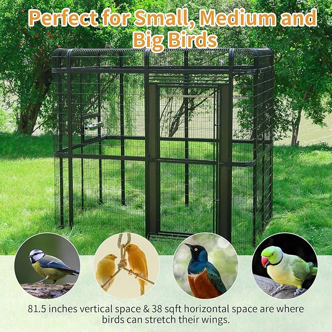 Outdoor Large Walk-in Cage 87-inch Heavy Duty Bird Cage Carbon Crystal Board Aviary Parrot Cage Wide Flight Metal Birdcage for Macaw Budgie Conure Lovebird Parakeet Cockatiel, 7.22x5.25x6.8ft, Black