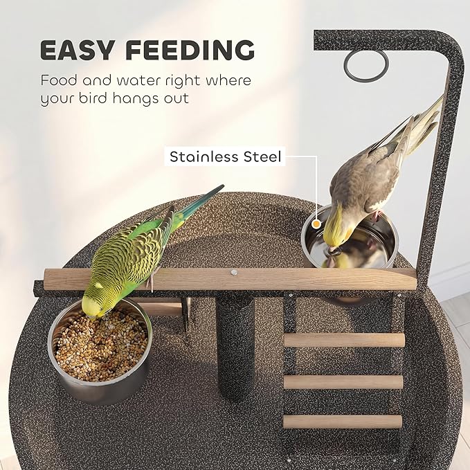 PawHut Bird Stand, Parrot Stand with Wheels, Perch, Stainless Steel Feed Bowls, Round Tray for Indoor Outdoor, Dark Gray